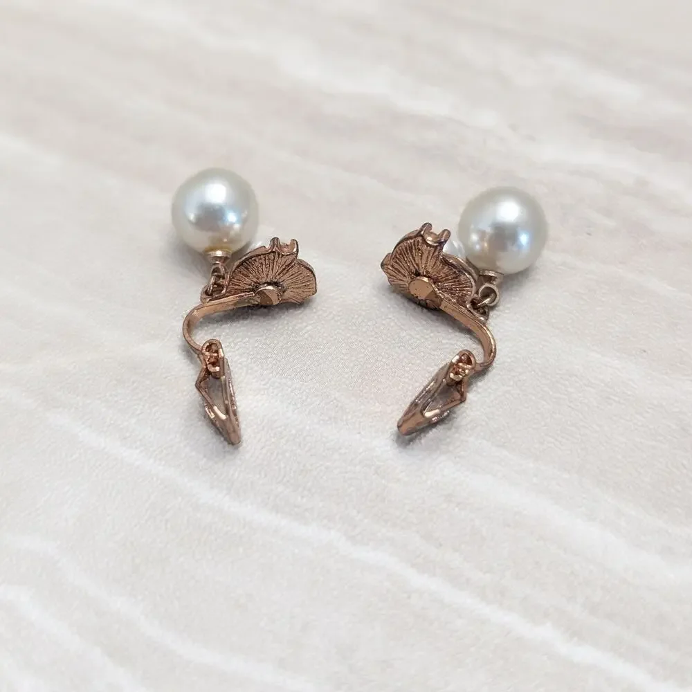 Vintage Clip On Earrings Copper Tone, Faux Pearl, Clear Gem - Condition Issues